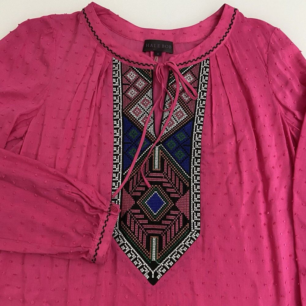 Hale Bob Women's Boho Blouse Pink Size Small Swiss Dot Tapestry Insert Peasant